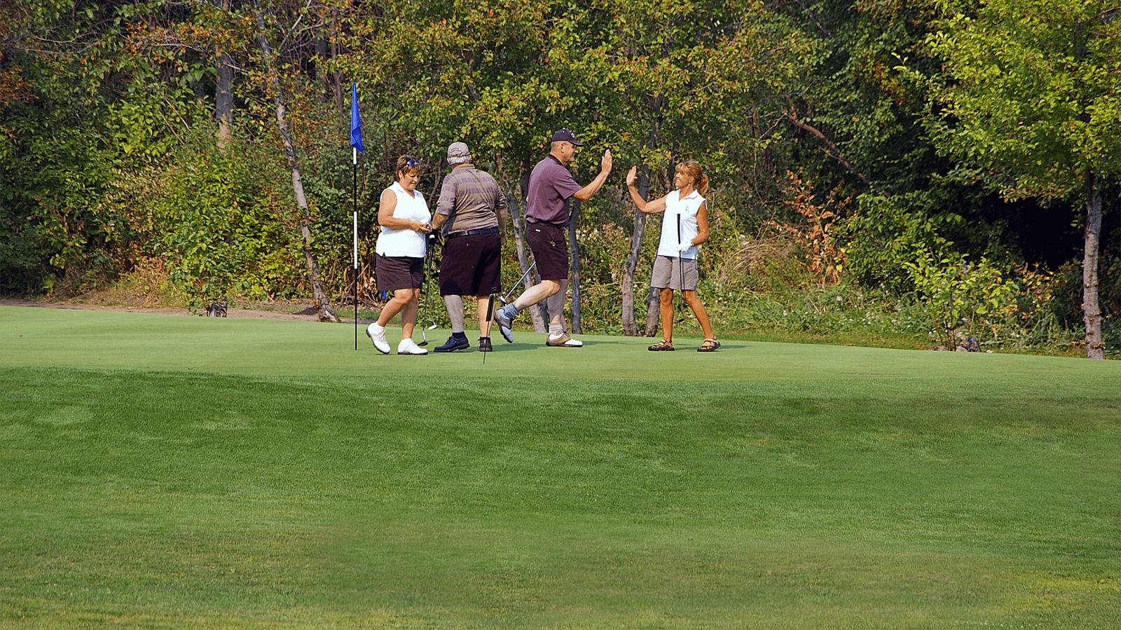 Golfers walking down a fairway